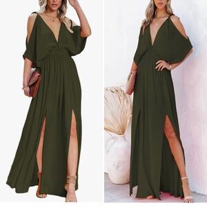 Olive Deep V-Neck Cold Shoulder Short Sleeve Maxi Dress